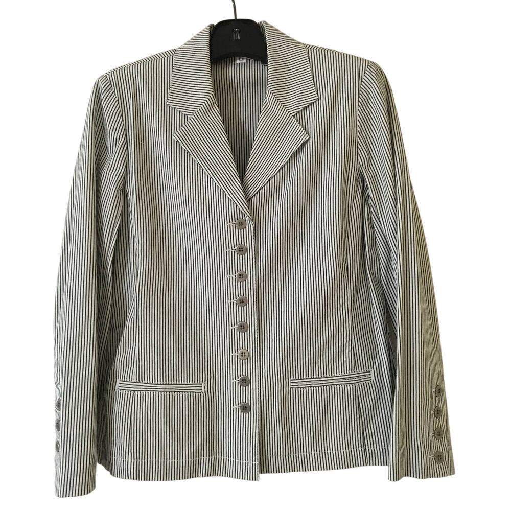 Chico's Size 0 (S) Black & White Pinstripe Cotton Jacket With 2% Spandex Stretch